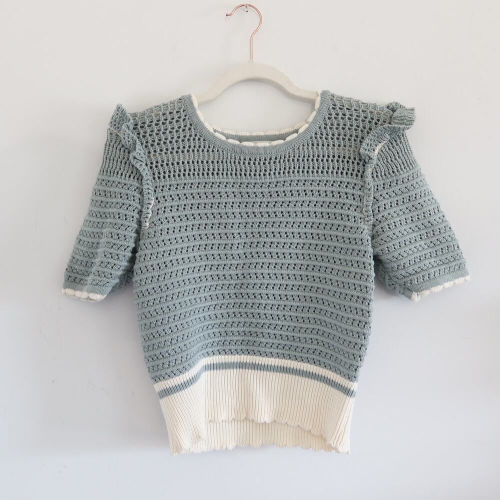 Another Love Dusty Blue Open Knit Ruffle Short Sleeve Top XS